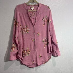 fig and flower Pink Floral Embroidered Button-Up Blouse Sz XL
